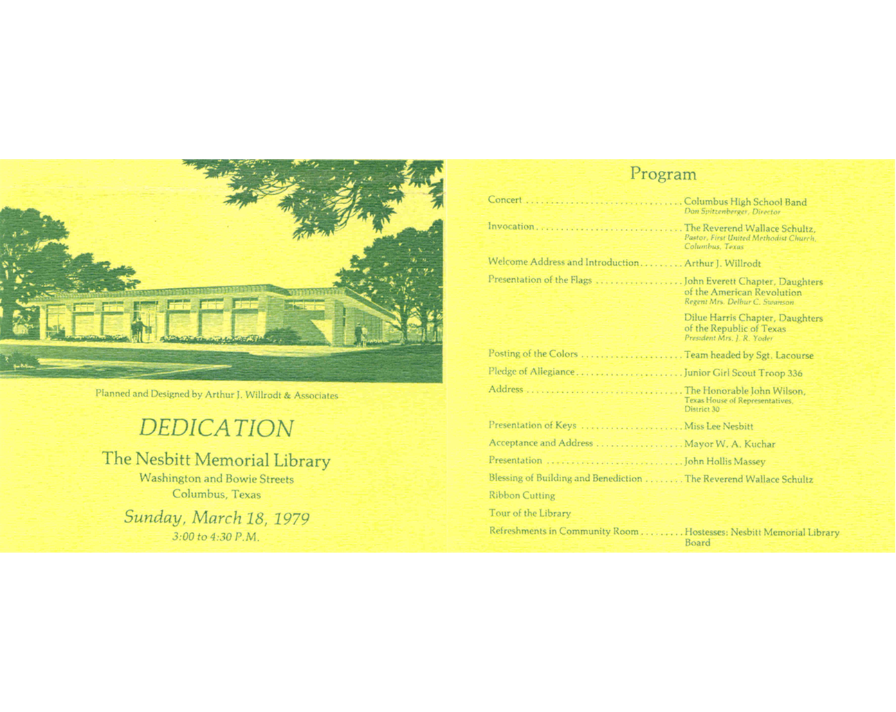  Program for the dedication of the Nesbitt Memorial Library, March 18, 1979