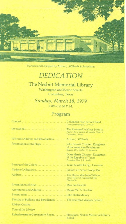 Program for the dedication of the Nesbitt Memorial Library, March 18, 1979