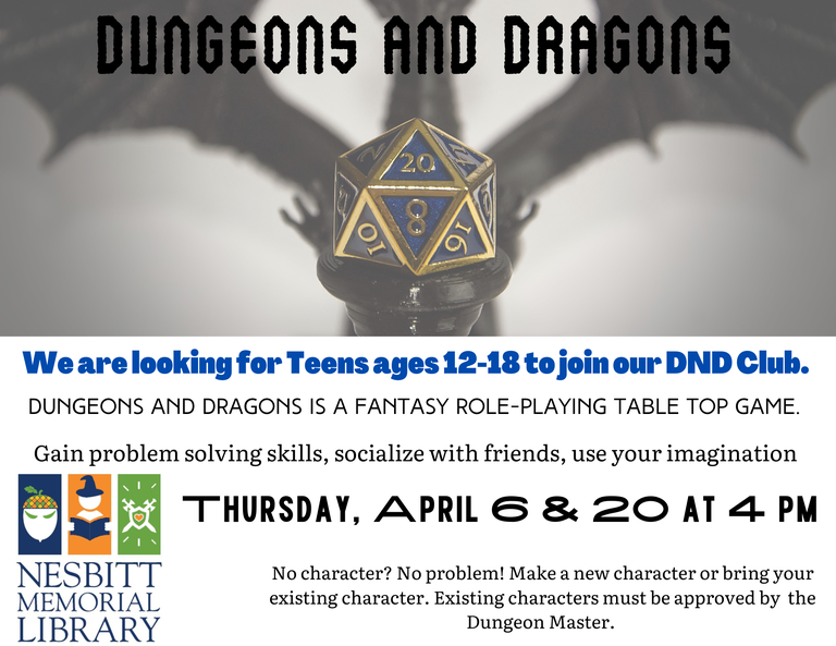 Dungeons and Dragons Club Apr 6 @ 4PM 