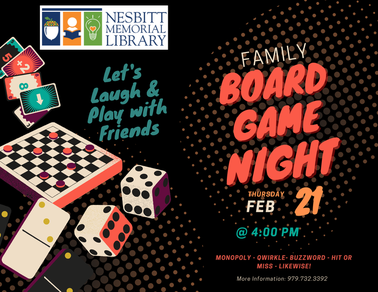 Family Board Game Night on FEB 21st @ 4 PM