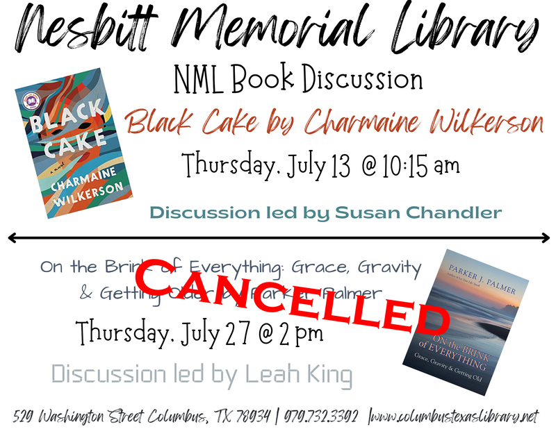 NML Book Discussions Jul 13th at 10:15am and Jul 27th at 2pm Cancelled