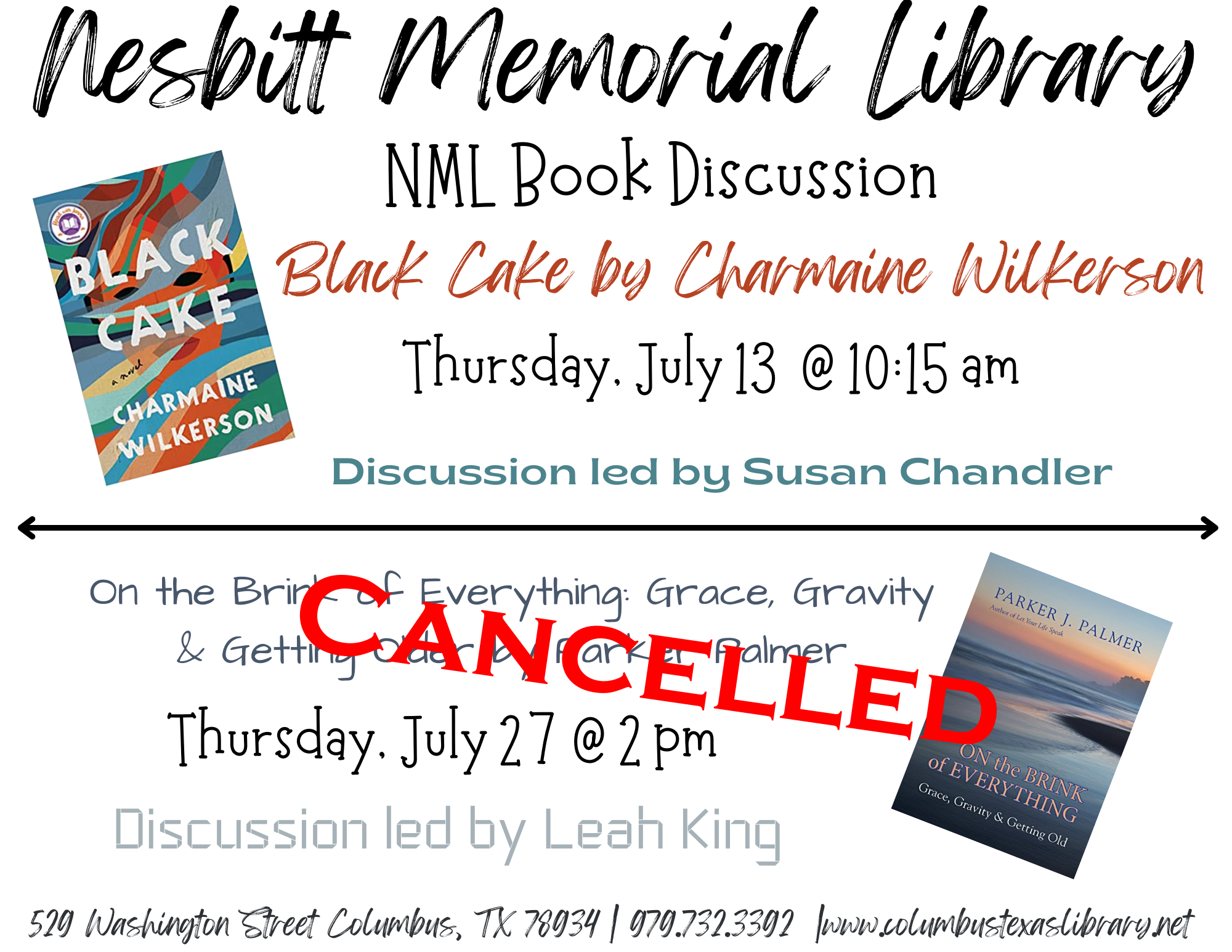 NML Book Discussions Jul 13th at 10:15am and Jul 27th at 2pm Cancelled