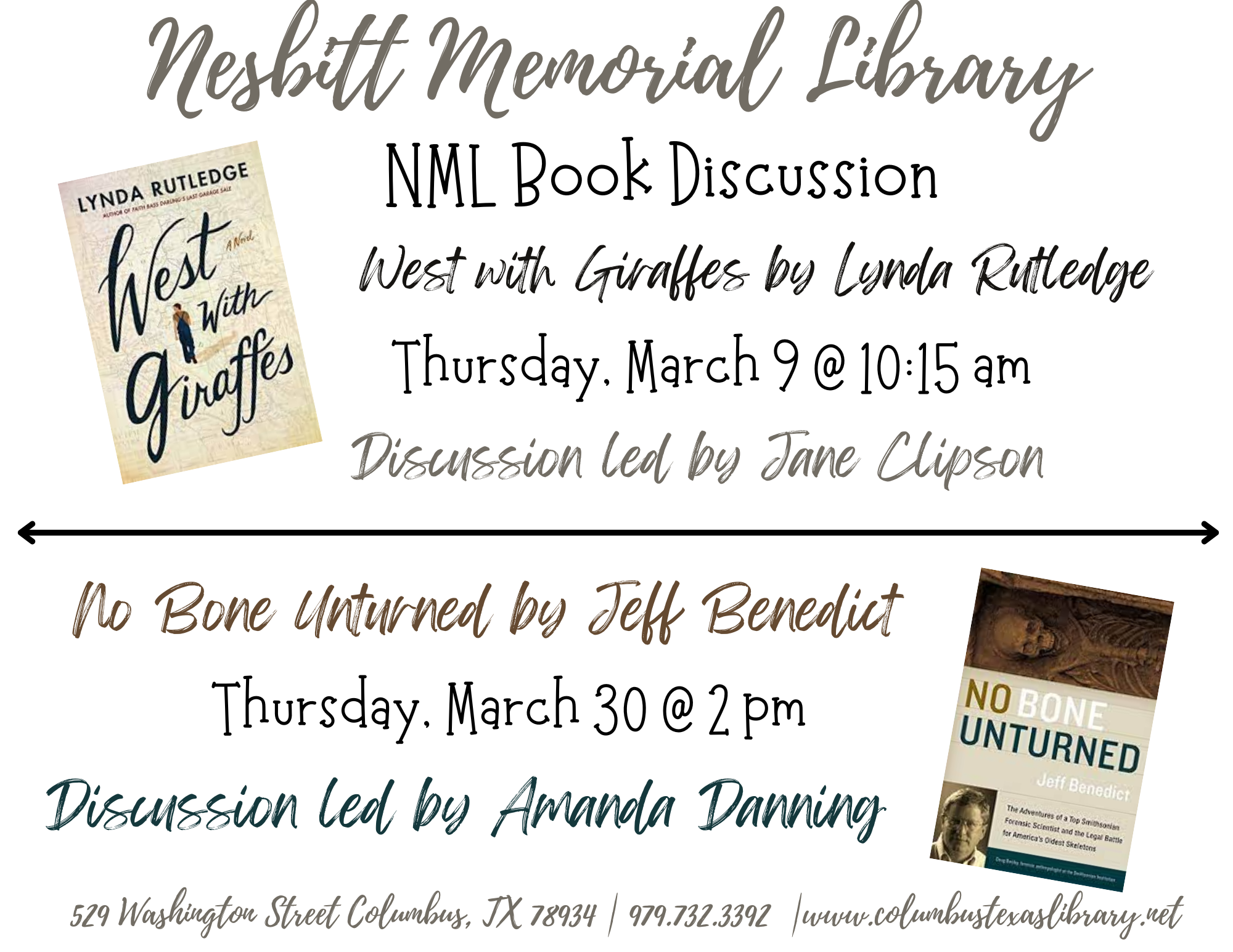 NML Book Discussions Mar 9th at 10:15am & Mar 30th at 2pm