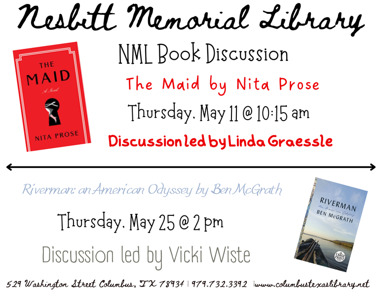 NML Book Discussions May 11th at 10:15am & May 25th at 2pm 