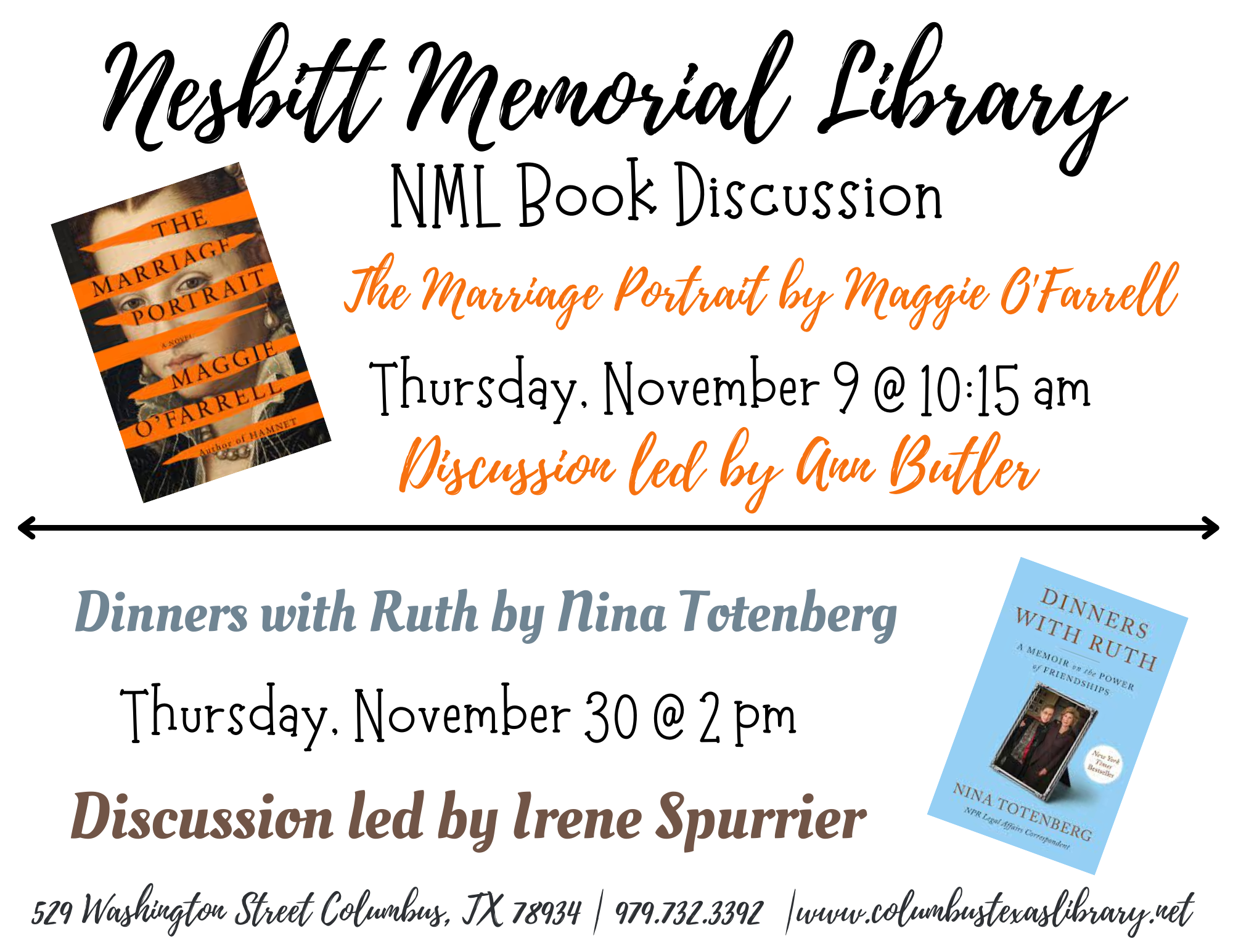  NML Book Discussions Nov 9th at 10:15am & Nov 30th at 2pm 