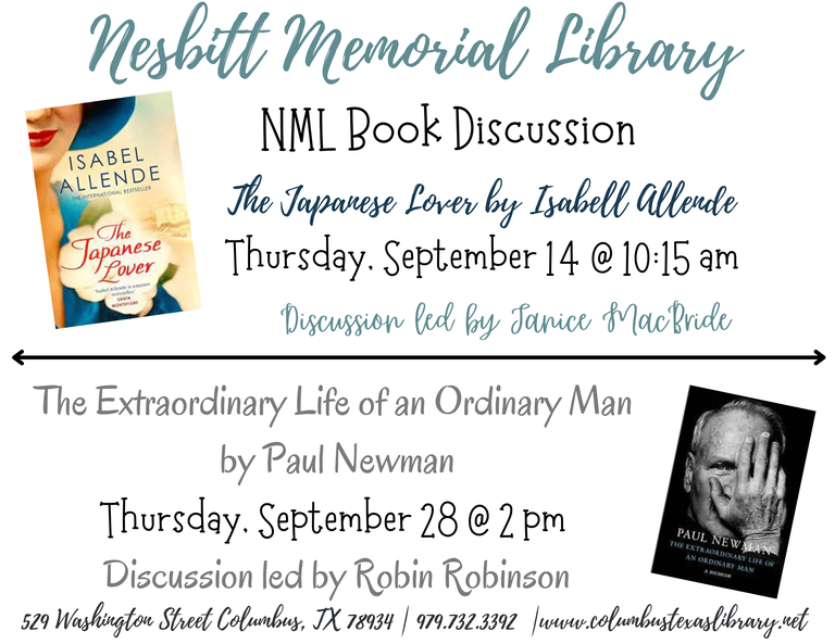  NML Book Discussions Sept 14 at 10:15am & Sept 28th at 2pm 