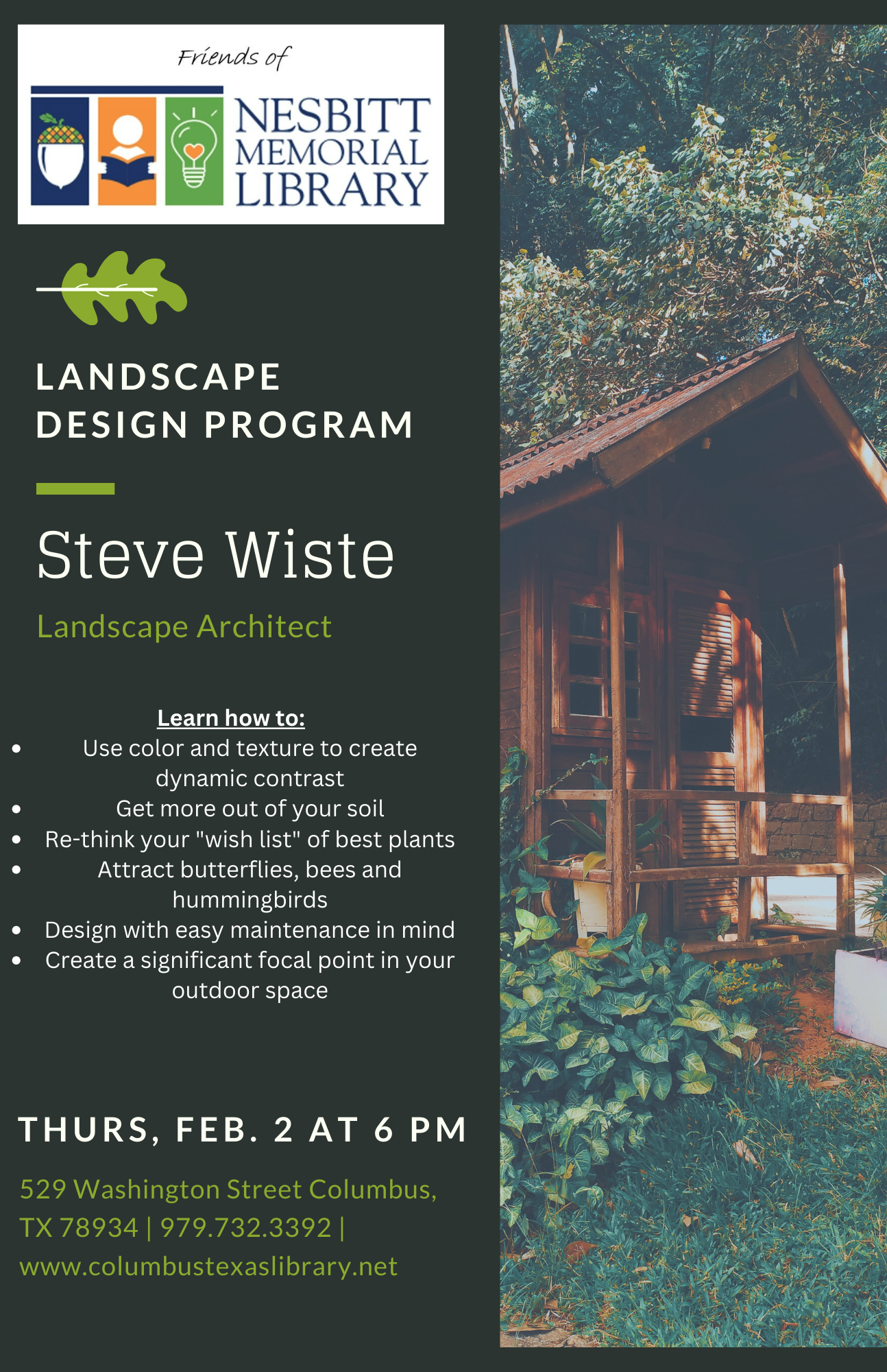 Landscape Design Program w/ Steve Wistie Thurs, Feb. 2 @ 6PM
